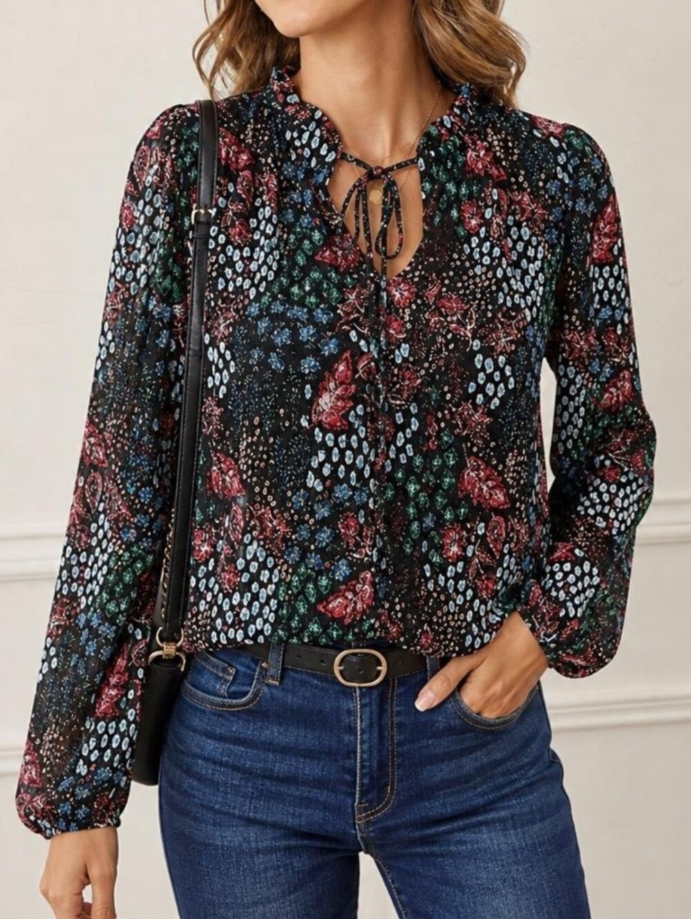 LOFT Black Pink Botanical Floral Crinkle Knit Peasant Blouse Top SZ Large Boho